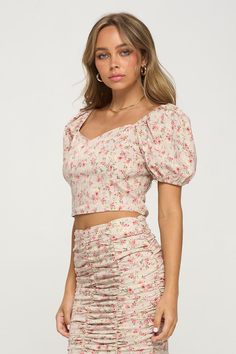 Floral Crop Top And Shirred Skirt Set