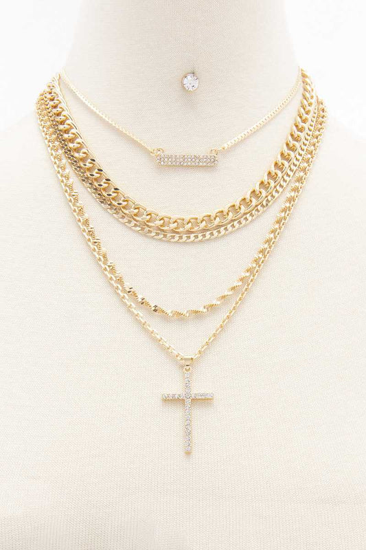Rhinestone Cross Layered Metal Necklacea