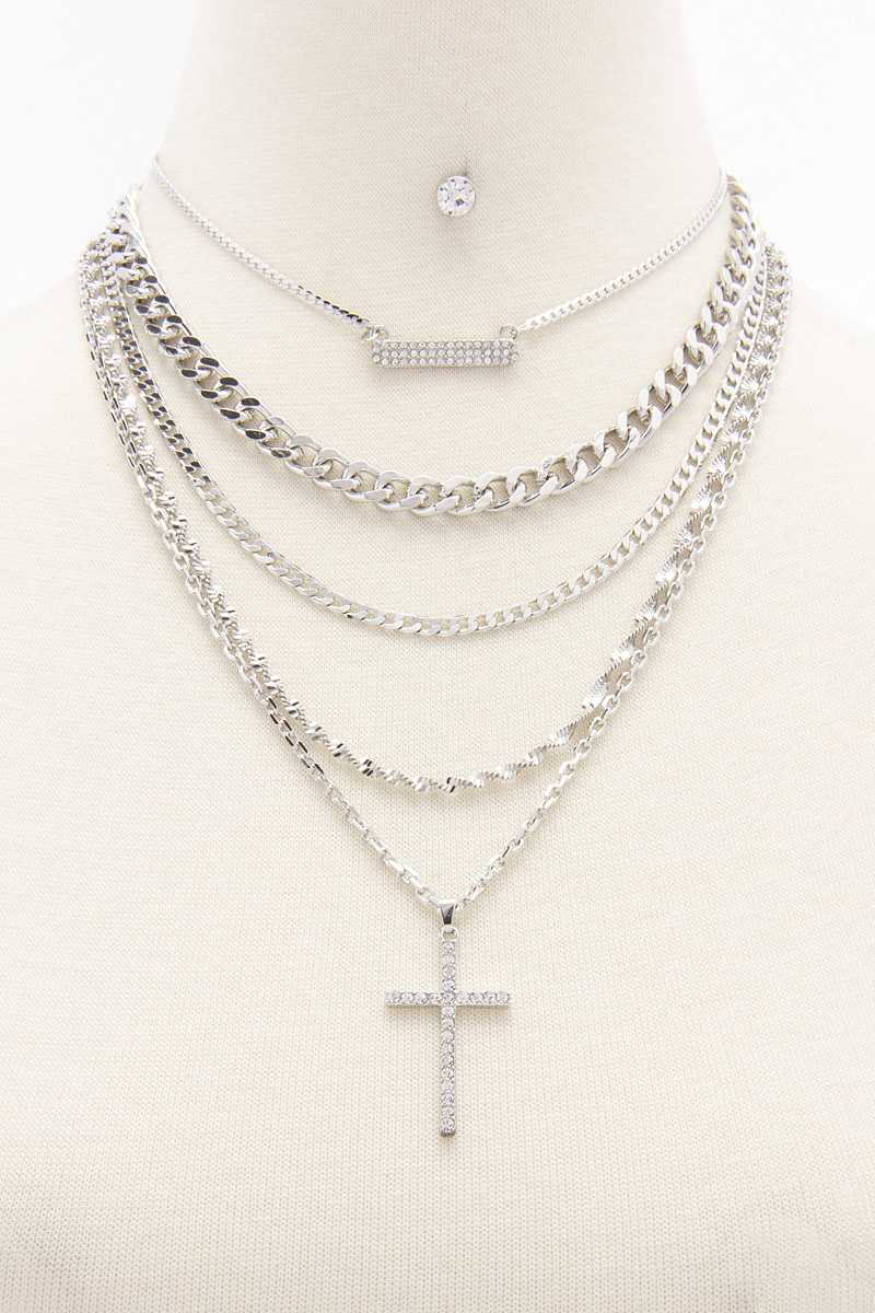 Rhinestone Cross Layered Metal Necklacea