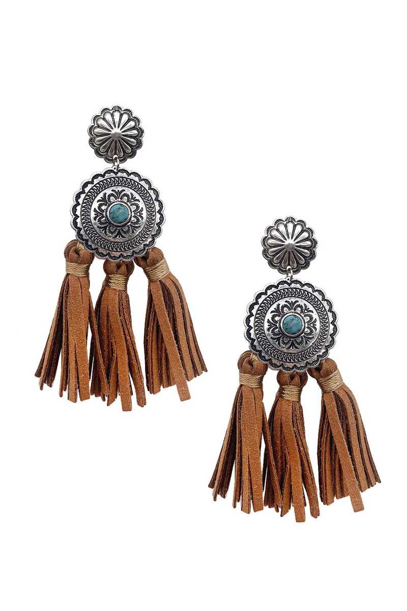 Western Style Natural Stone Faux Leather Tassel Dangle Earring