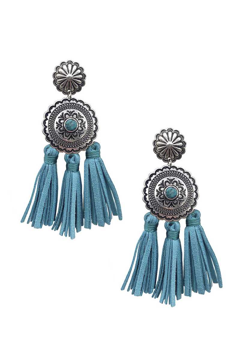 Western Style Natural Stone Faux Leather Tassel Dangle Earring