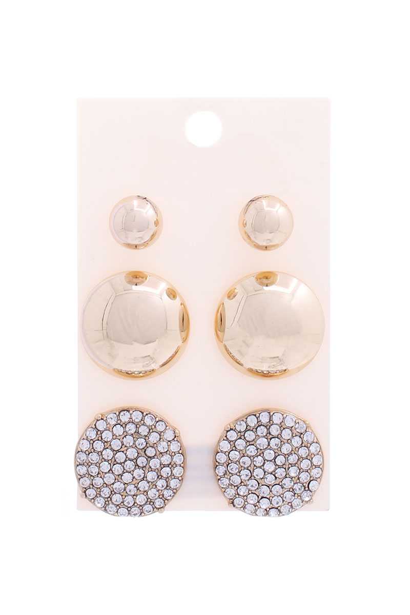 Metal Stone Stud Earring 3 Pair Set