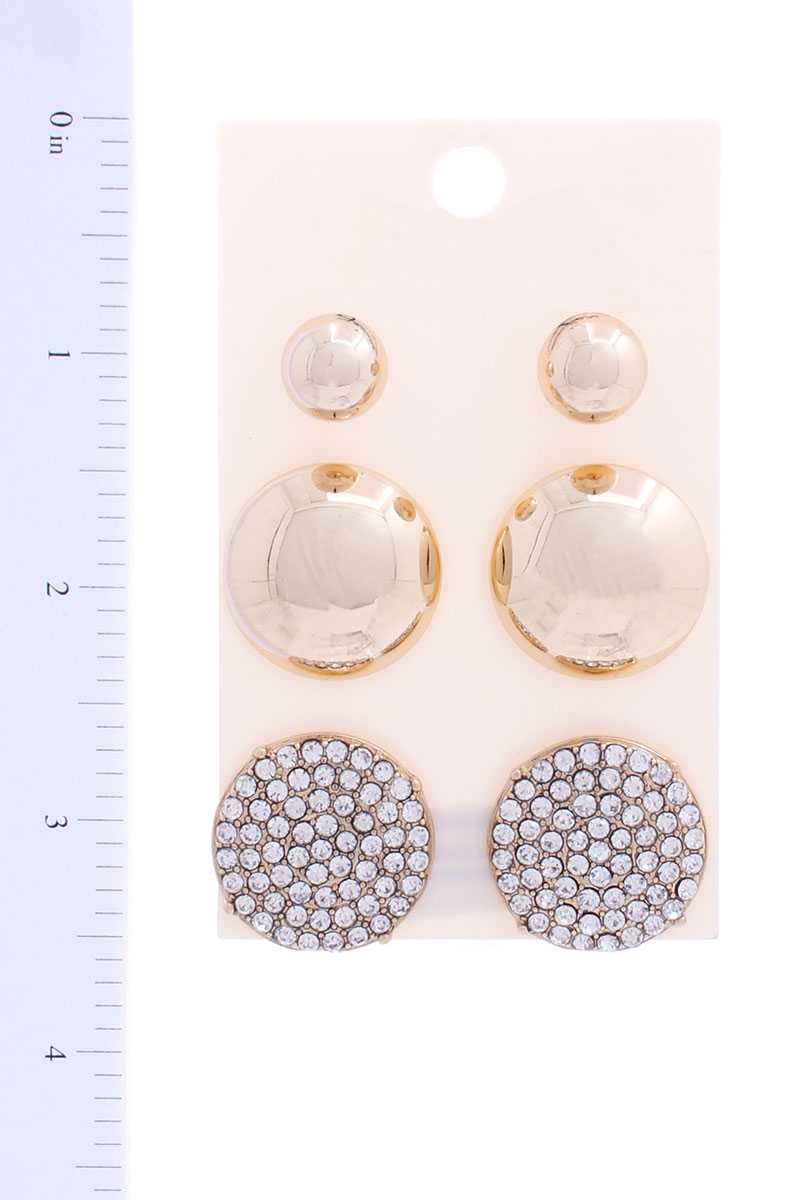 Metal Stone Stud Earring 3 Pair Set