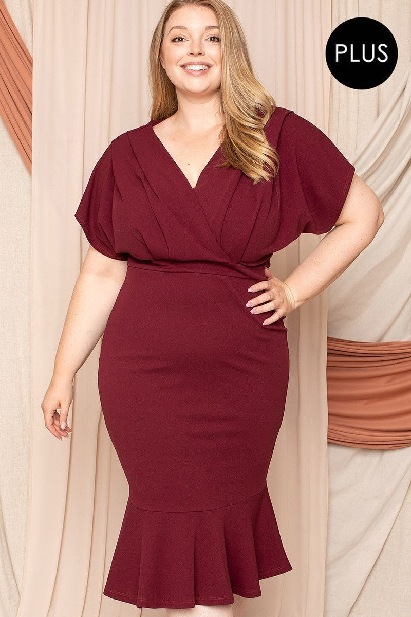 Pleated Dropped Shoudler Plus Midi Dress