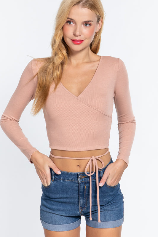 Long Slv Surplice Wrap Rib Knit Top