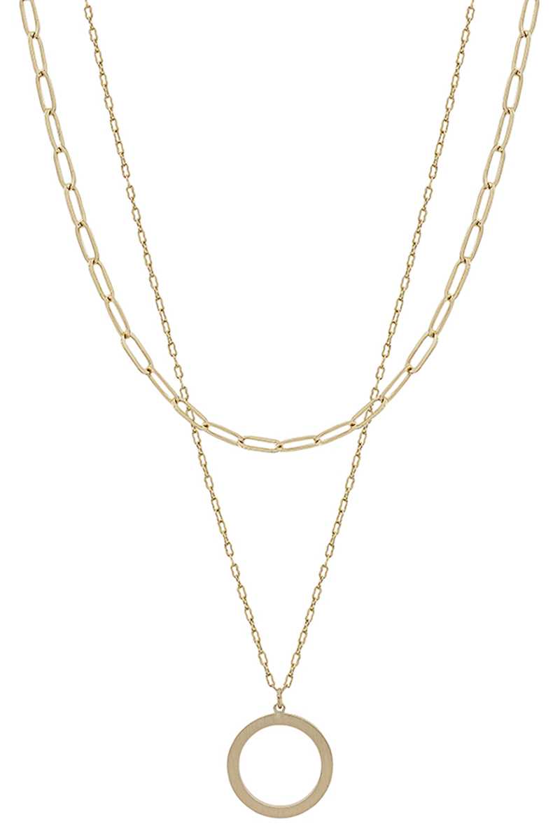 2 Layered Metal Chain Round Pendant Necklace