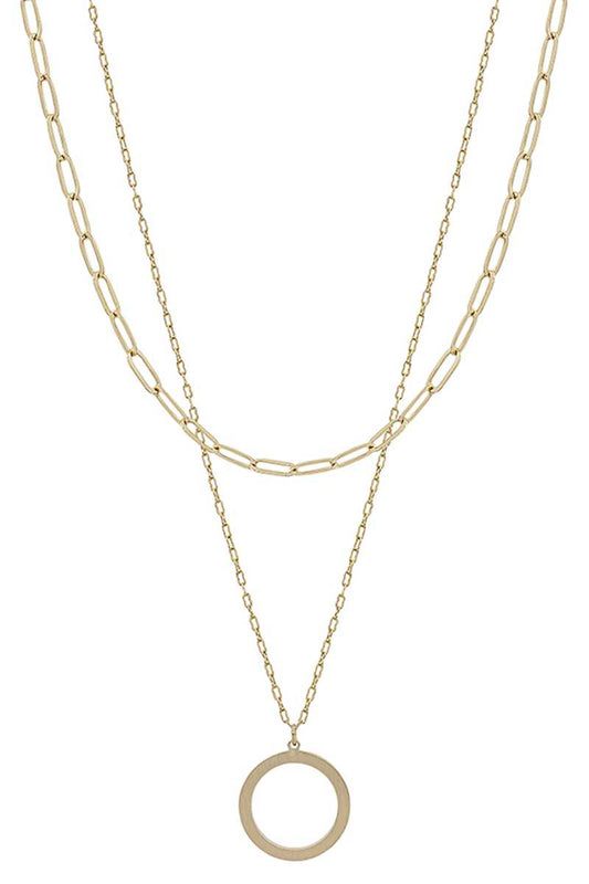 2 Layered Metal Chain Round Pendant Necklace