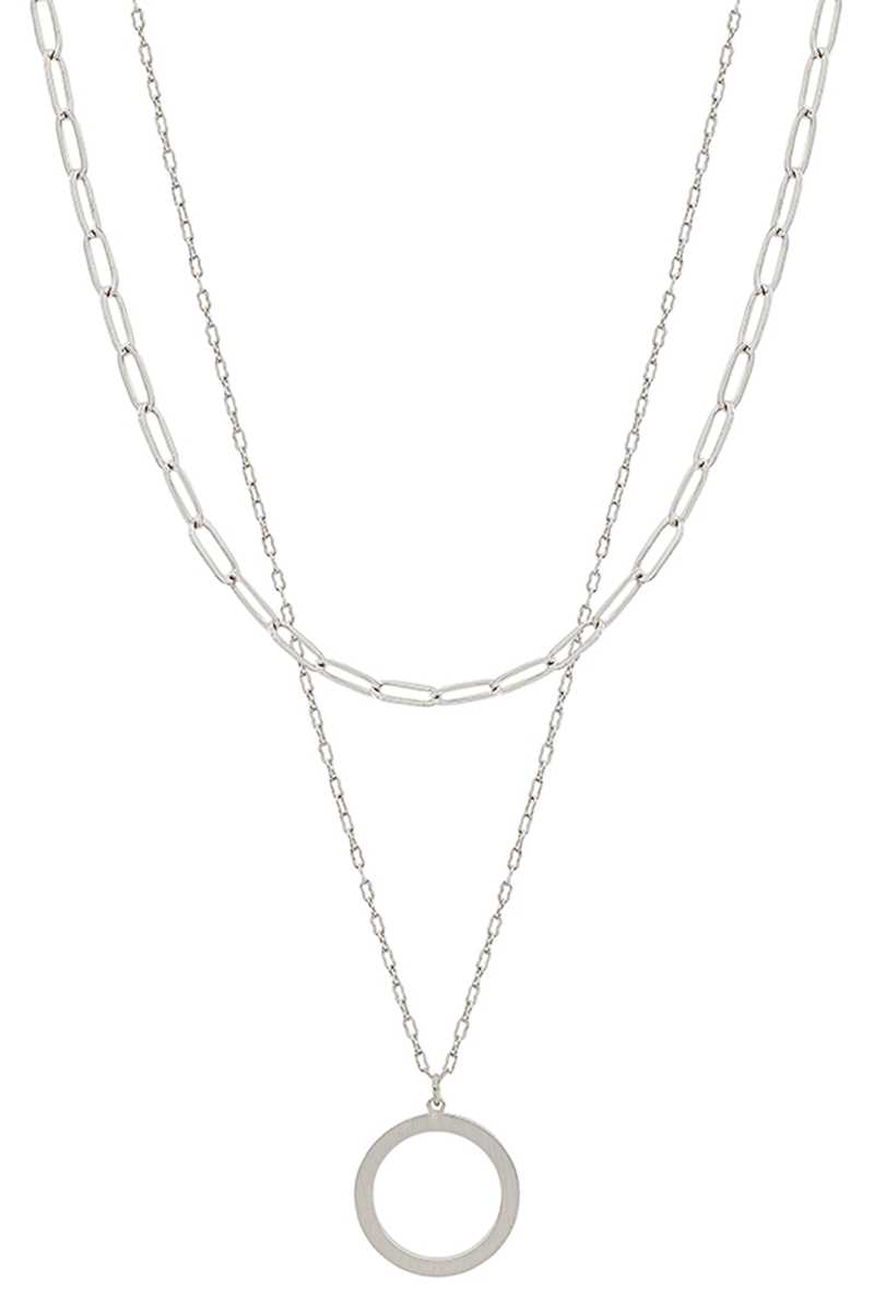 2 Layered Metal Chain Round Pendant Necklace