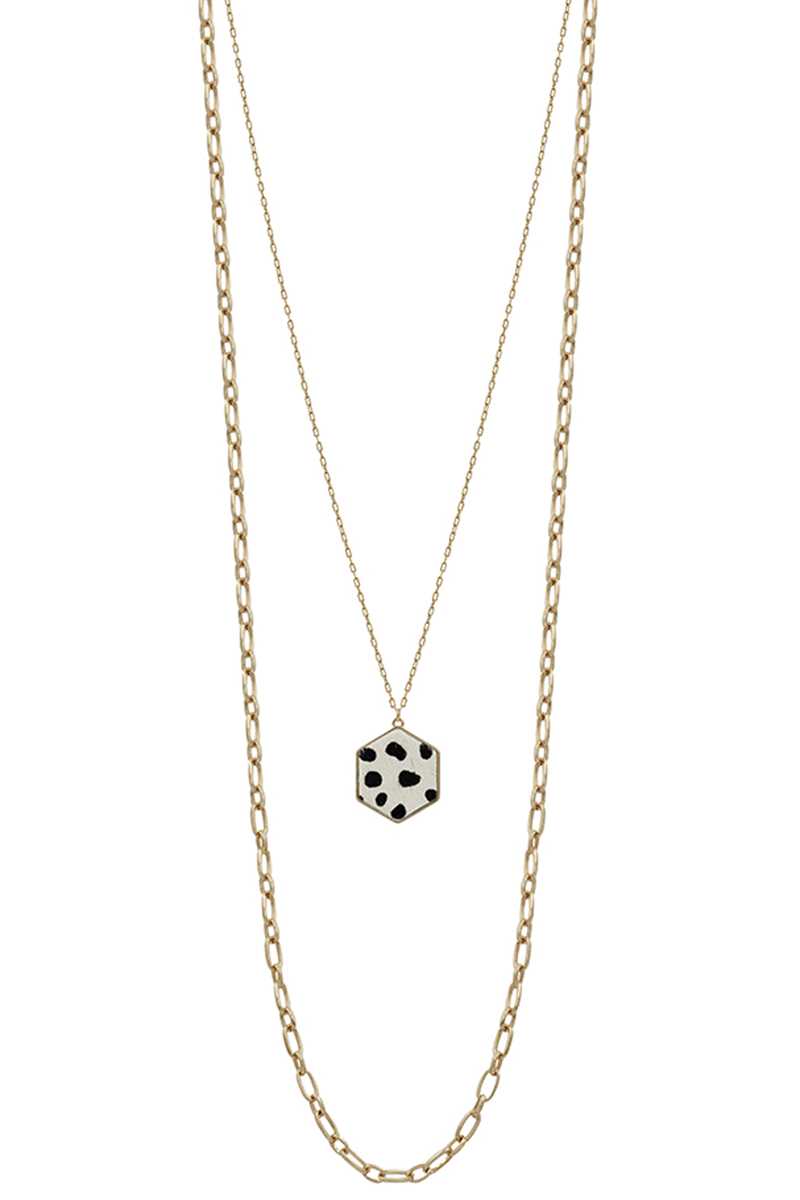 Metal 2 Layered Chain Hexagon Leopard Pendant Long Necklace