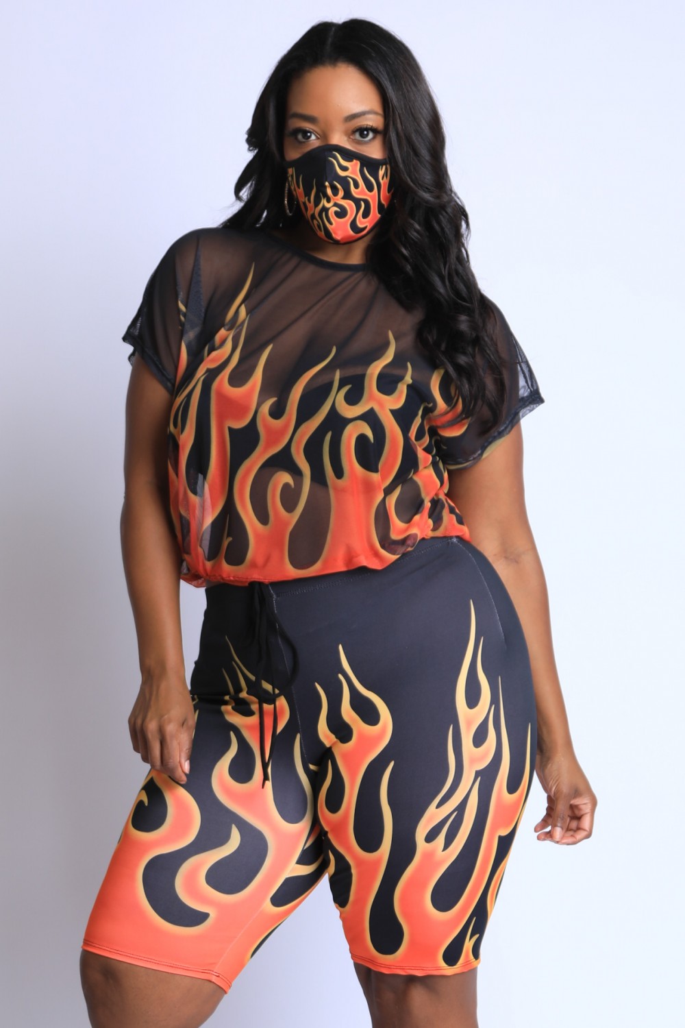 Flame Printed Mesh Top And Biker Set