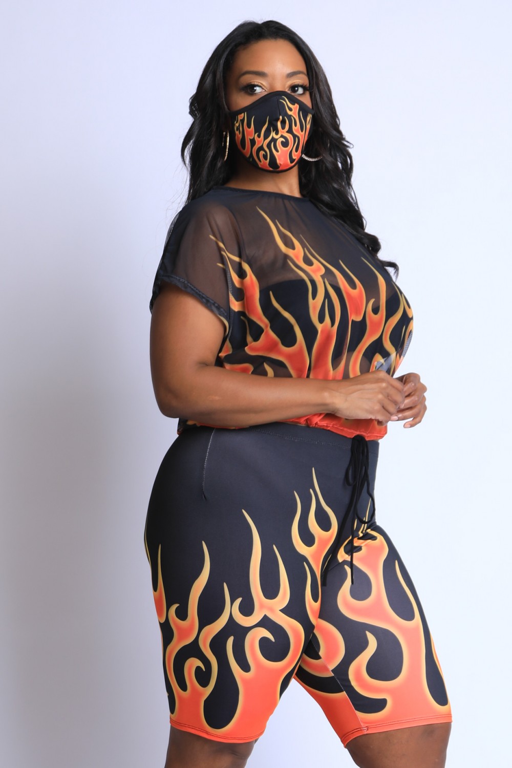 Flame Printed Mesh Top And Biker Set