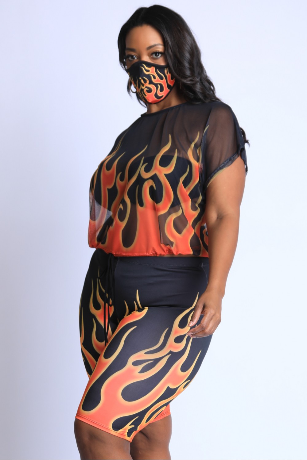 Flame Printed Mesh Top And Biker Set
