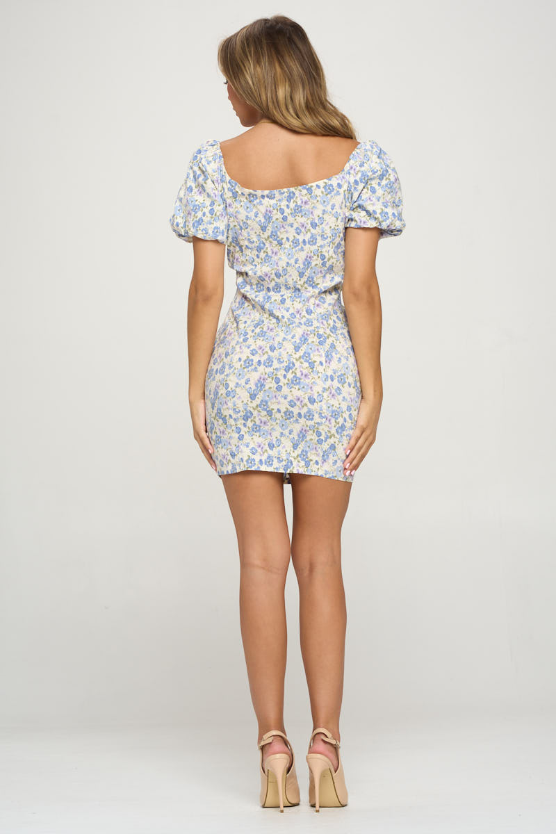 Floral Puff Sleeve Bodycon Dress