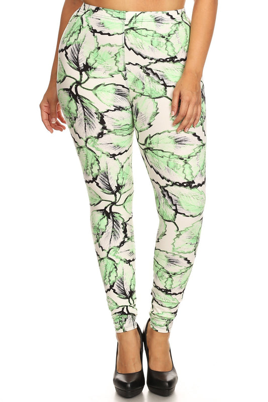 Plus Size Leaf Print, Full Length Leggings In A Slim Fitting Style With A Banded High Waist