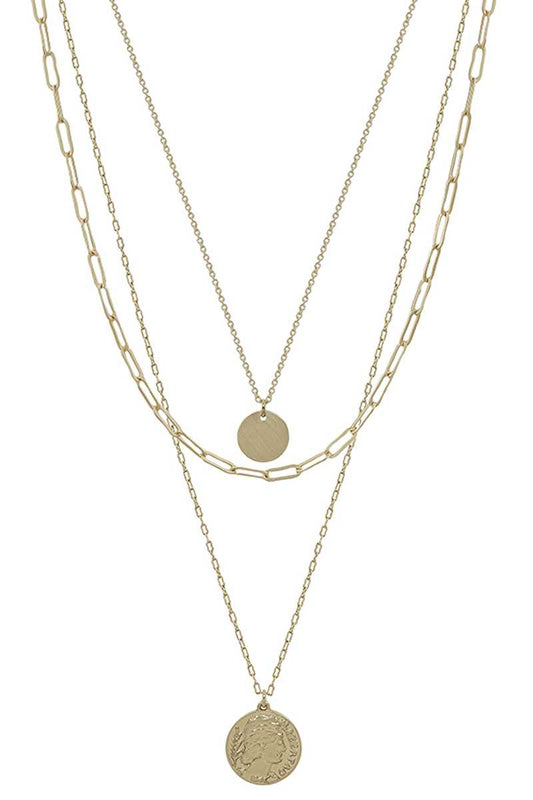 Metal 3 Layered Chain Coin Pendant Necklace