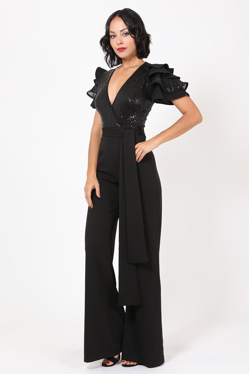 Overlap Sequin Ruffle Shoulder Jumpsuit
