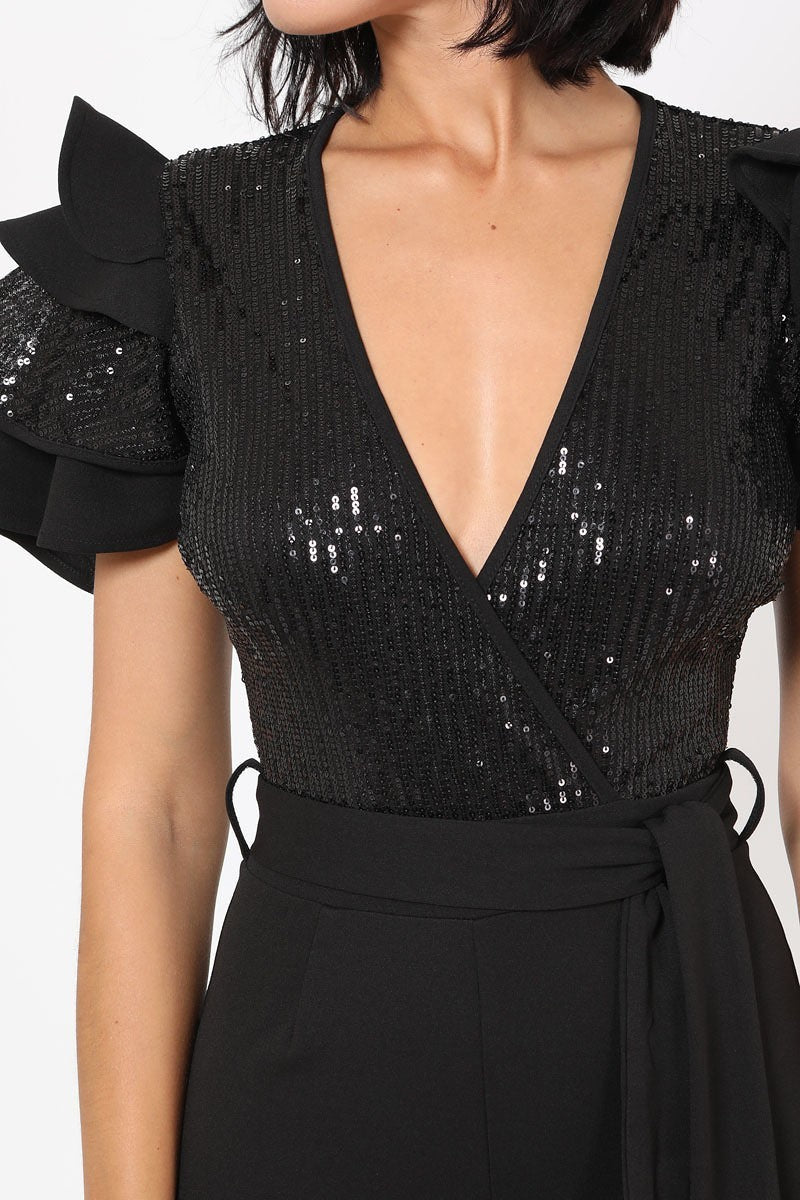 Overlap Sequin Ruffle Shoulder Jumpsuit