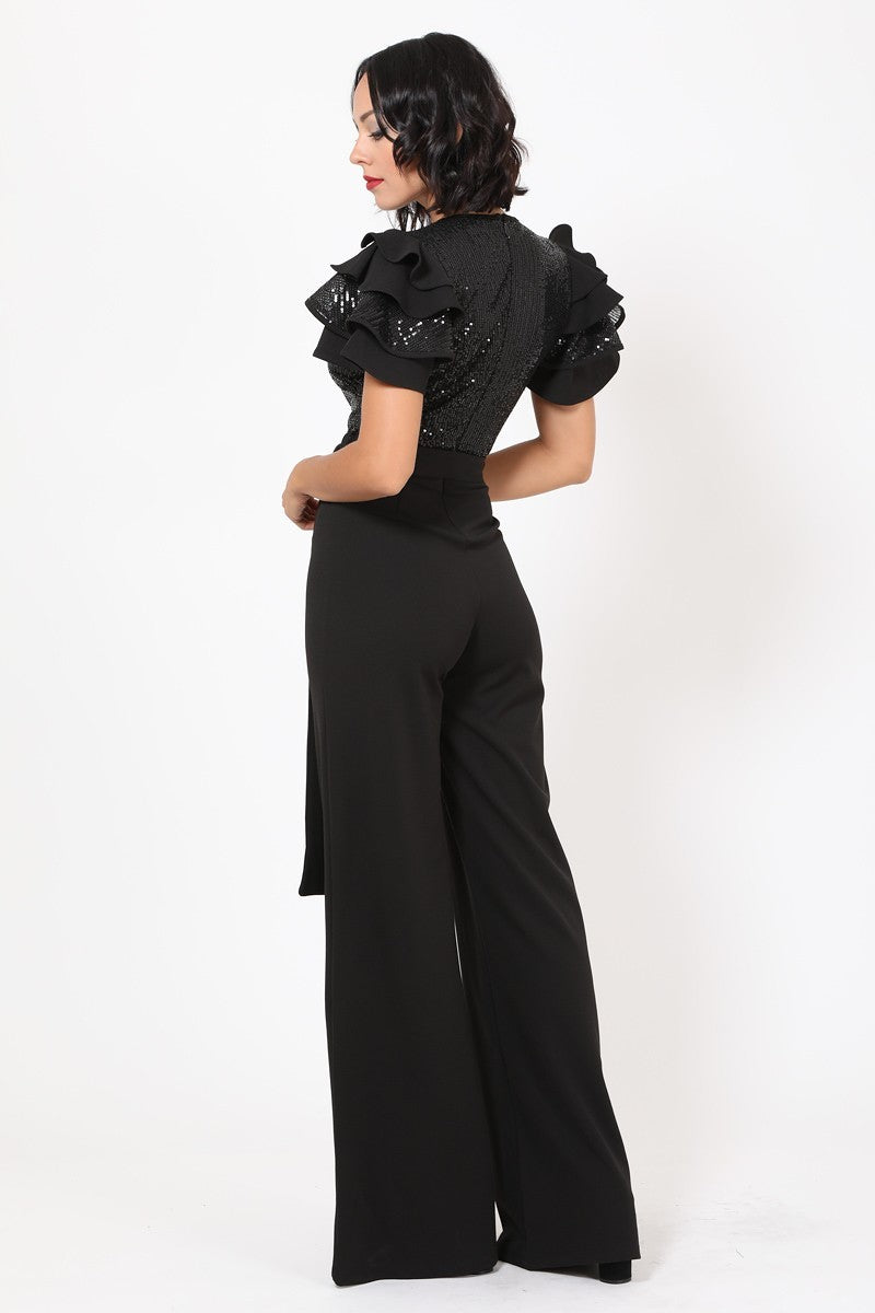 Overlap Sequin Ruffle Shoulder Jumpsuit