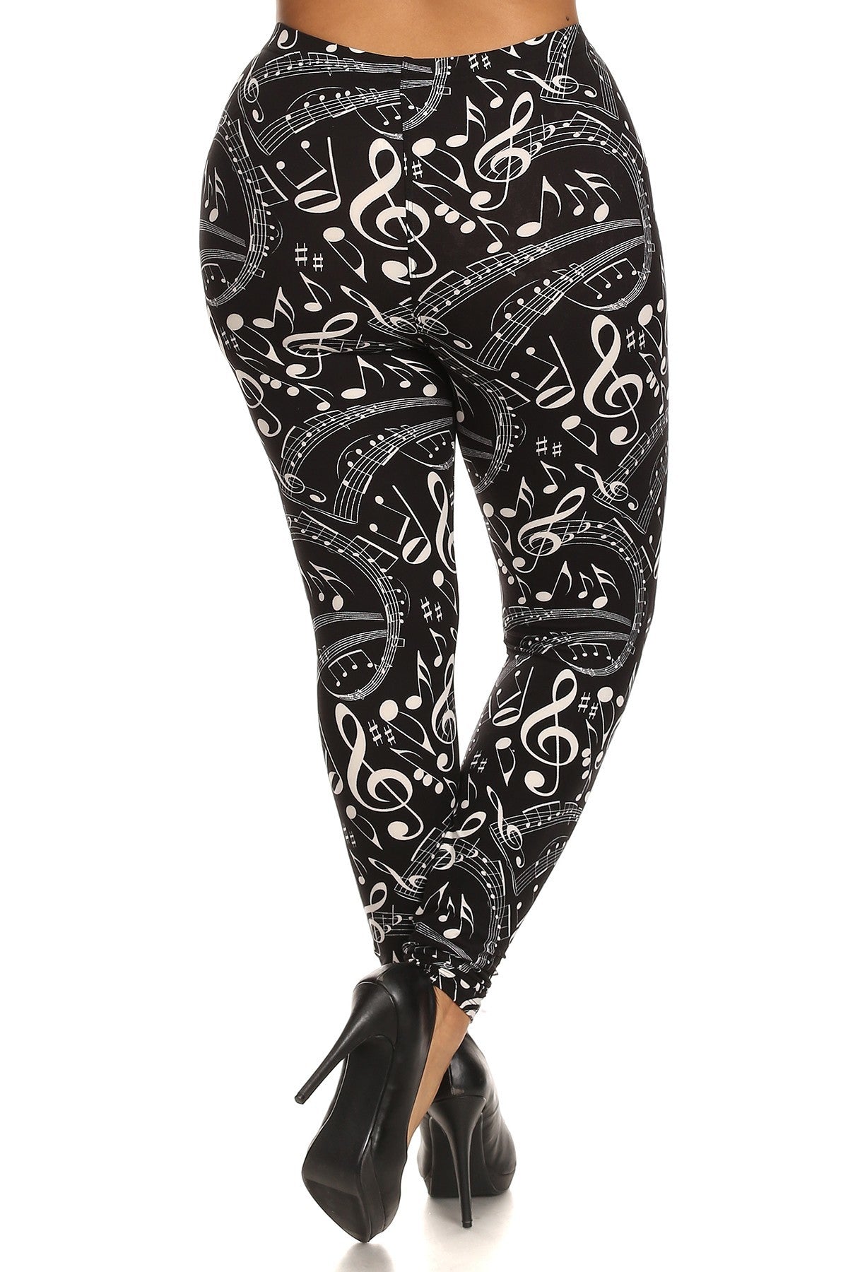 Plus Size Music Notes Pattern Print, High Waist, Slim Fit Leggings With Elastic Waist.