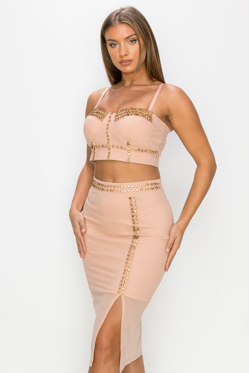 Studded Stone Cami Top & Slit Mini Skirts Set