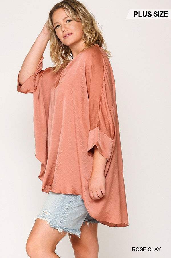 Washed Satin Button Down Loose Fit Top With Hi-lo Hem