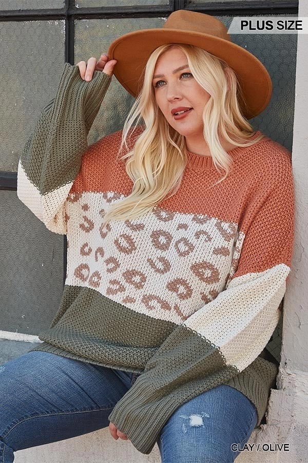 Color Block And Leopard Pattern Mixed Pullover Sweater