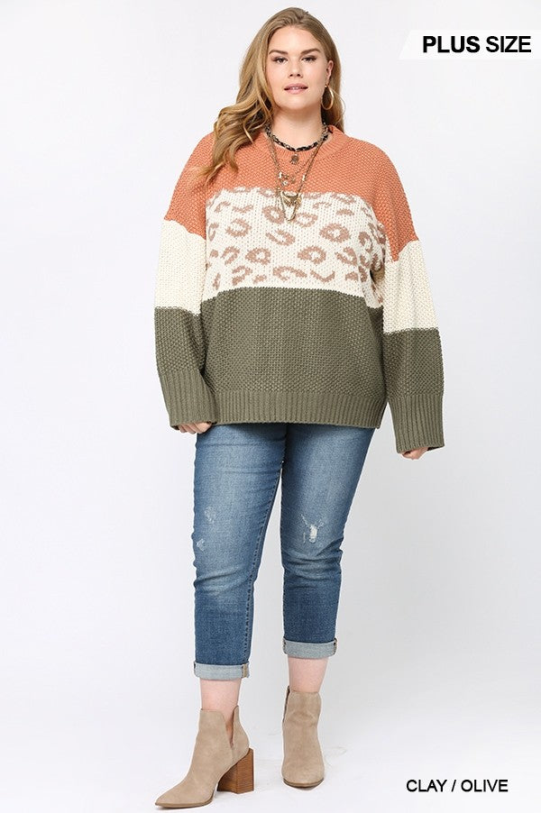 Color Block And Leopard Pattern Mixed Pullover Sweater