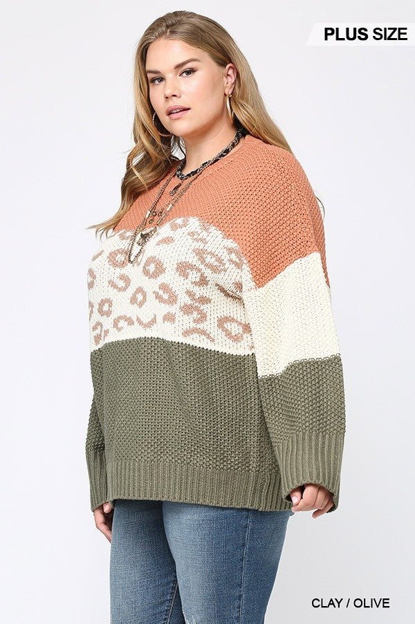 Color Block And Leopard Pattern Mixed Pullover Sweater
