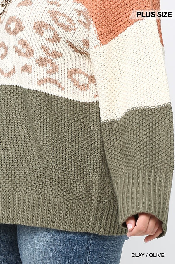 Color Block And Leopard Pattern Mixed Pullover Sweater