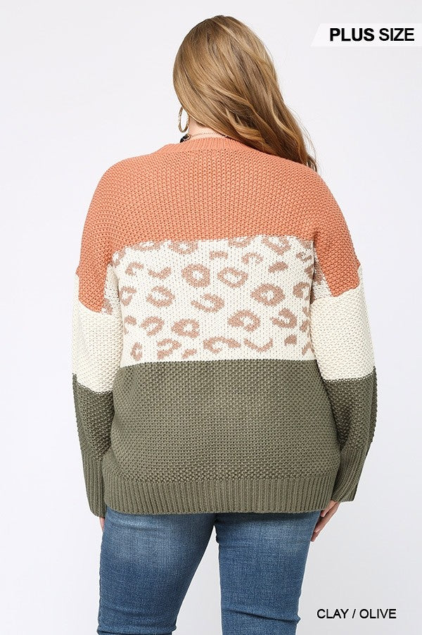 Color Block And Leopard Pattern Mixed Pullover Sweater