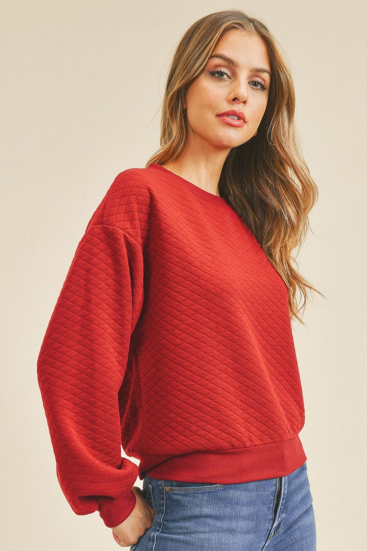 Long Sleeve Quilted Sweater With Rib