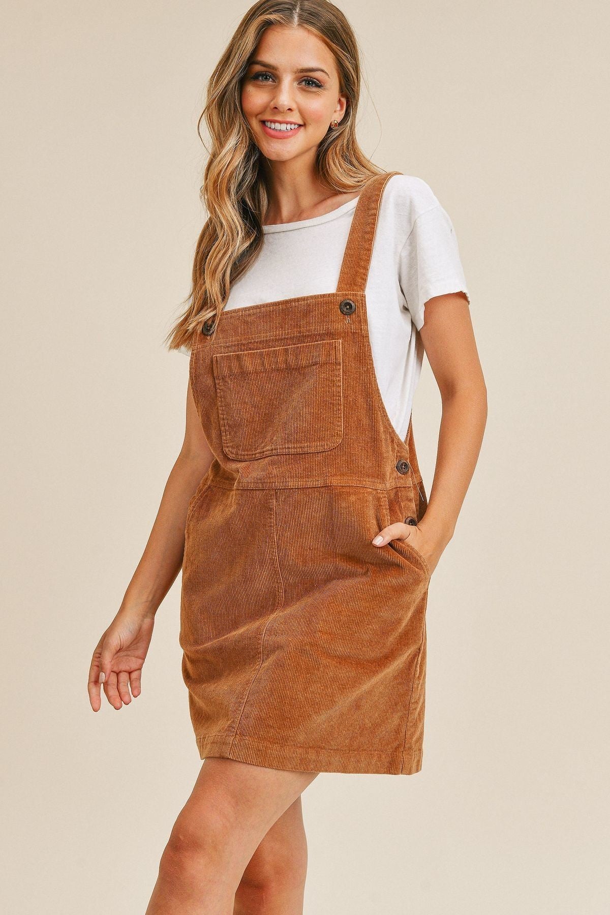 Pocket Corduroy Suspender Dress