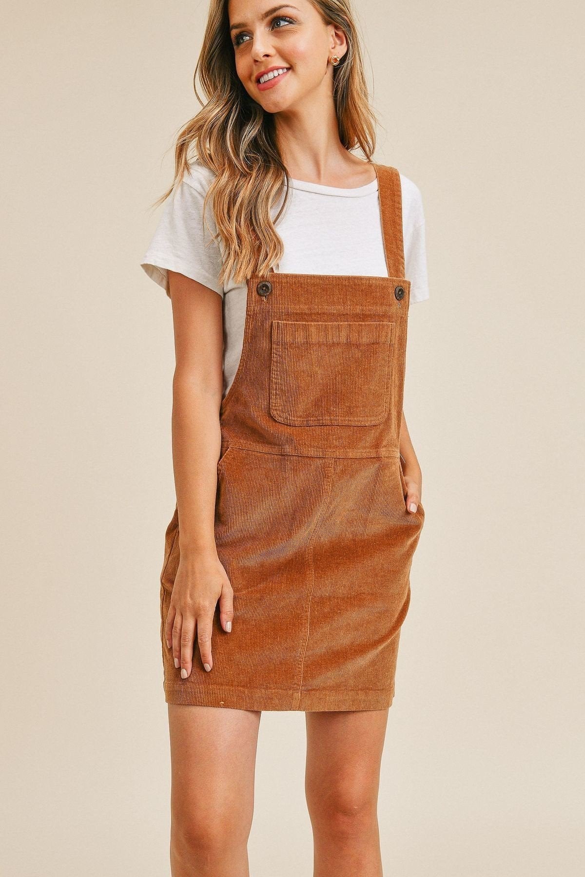 Pocket Corduroy Suspender Dress