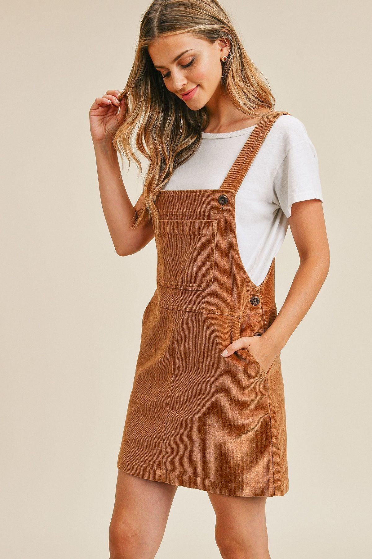 Pocket Corduroy Suspender Dress