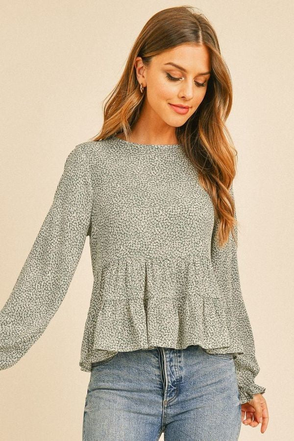 Ditsy Floral Crinkle Gauze Tiered Long Sleeve Top