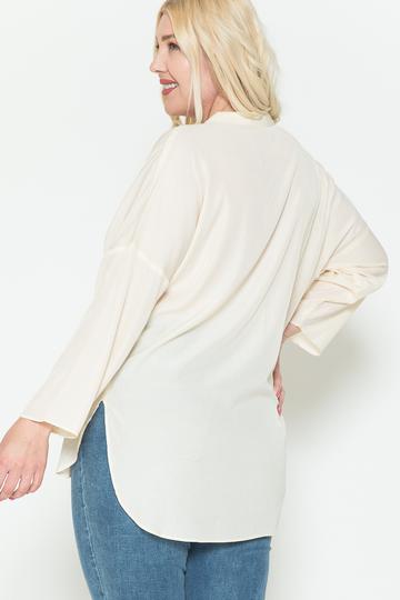 V Neck Mandarin Collar Oversized Satin Shirt