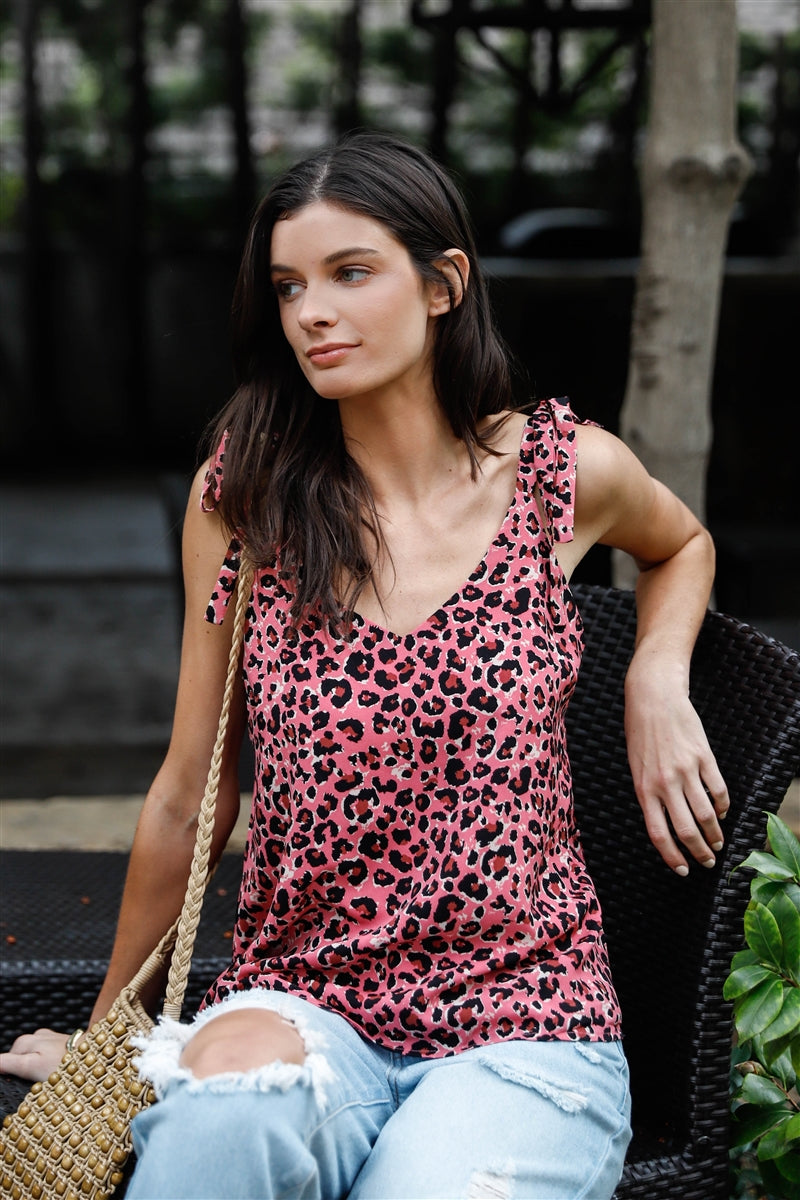 Pink Multi Color Leopard Print Self-tie Straps Sleeveless Top