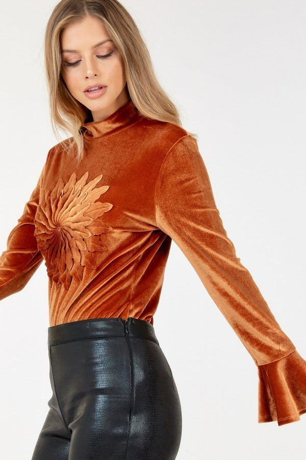 Velvet Flower Patch Mock Neck Top With Wide Sleeves