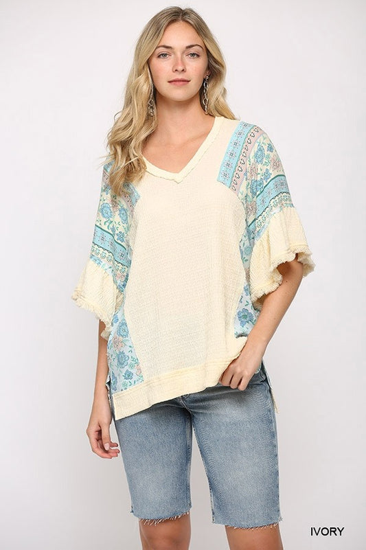 Texture Knit And Print Mixed Hi Low Hem Top