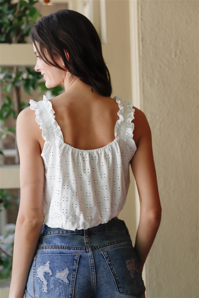 Embroidered Ruffle Trim Strap Sleeveless Crop Top