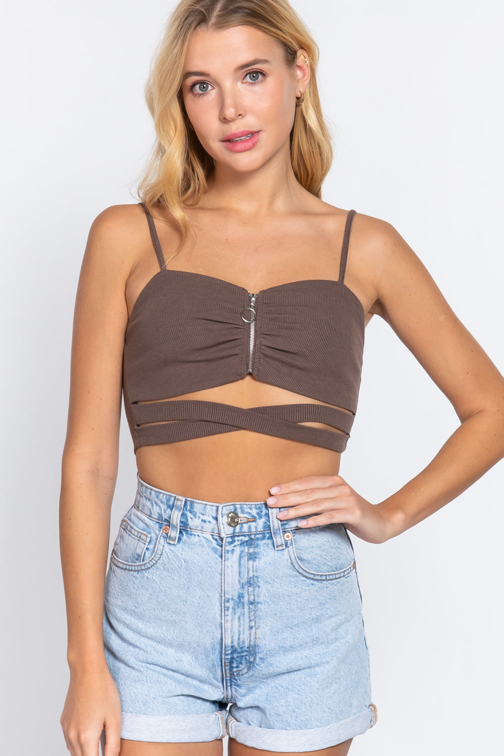 Zippered Cross Rib Knit Crop Cami