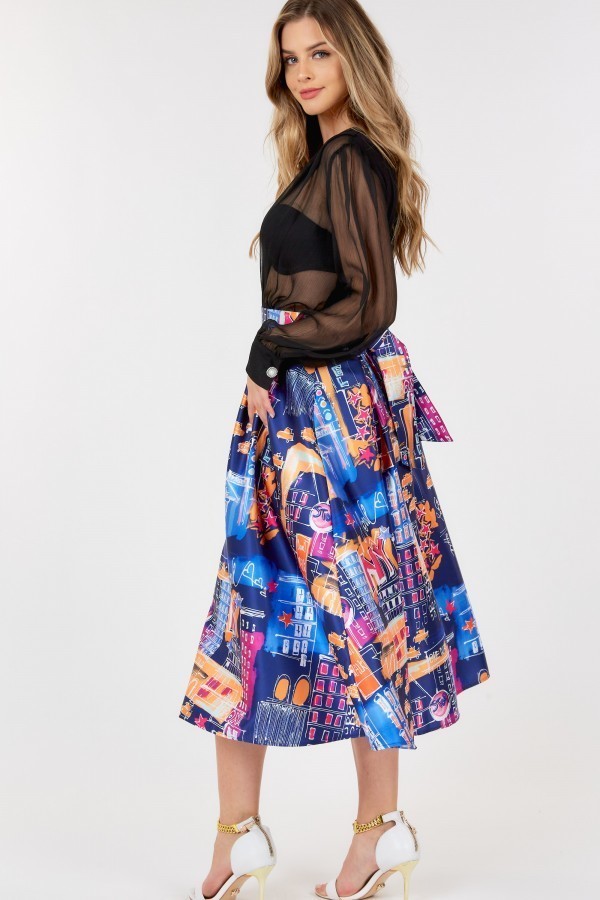 A-line Midi Skirt With Blue Print