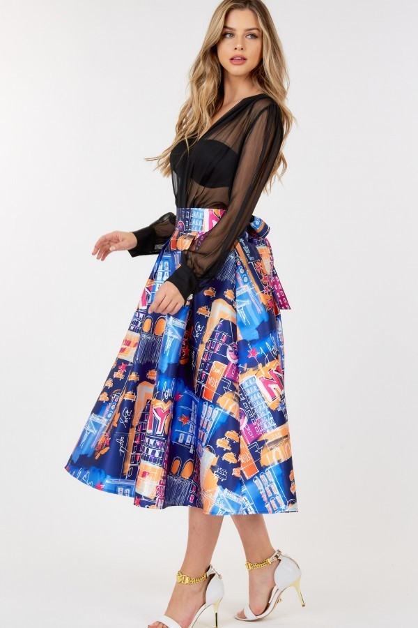 A-line Midi Skirt With Blue Print