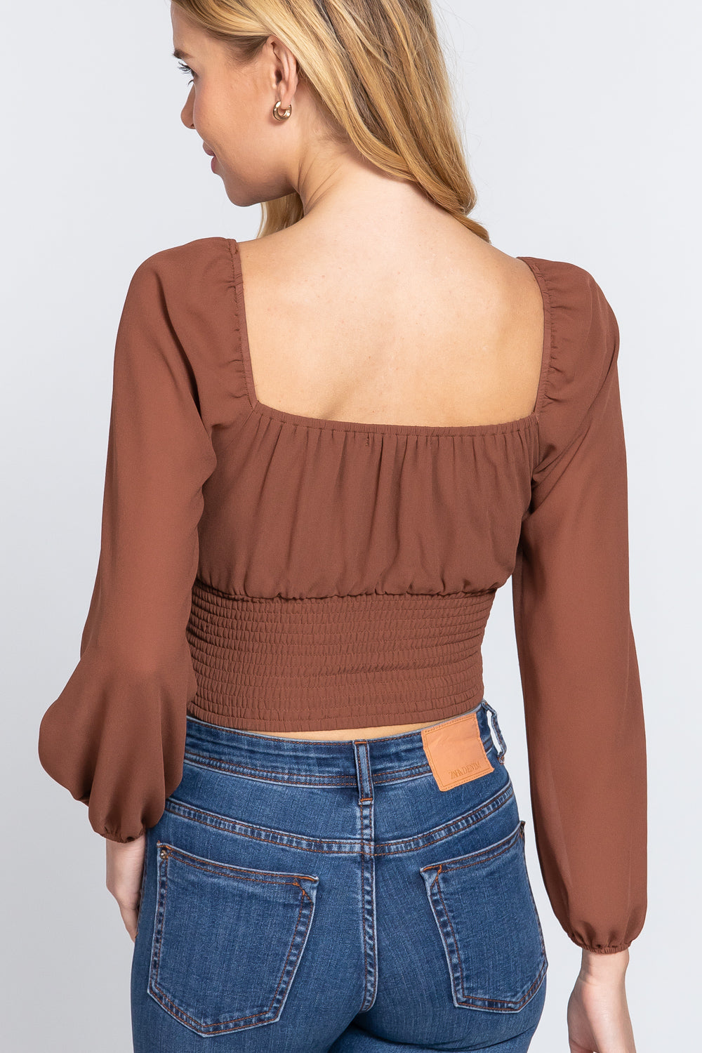 Long Sleeve Front Tied Ruched Detail Woven Top