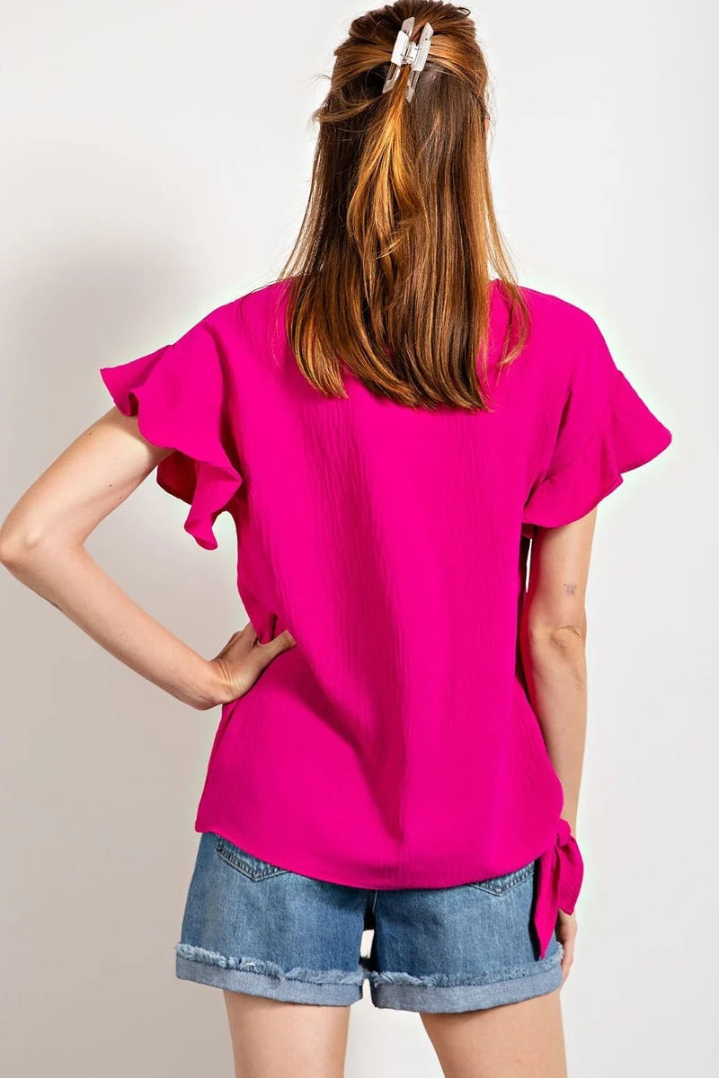 V Neckline Wing Sleeves Woven Top