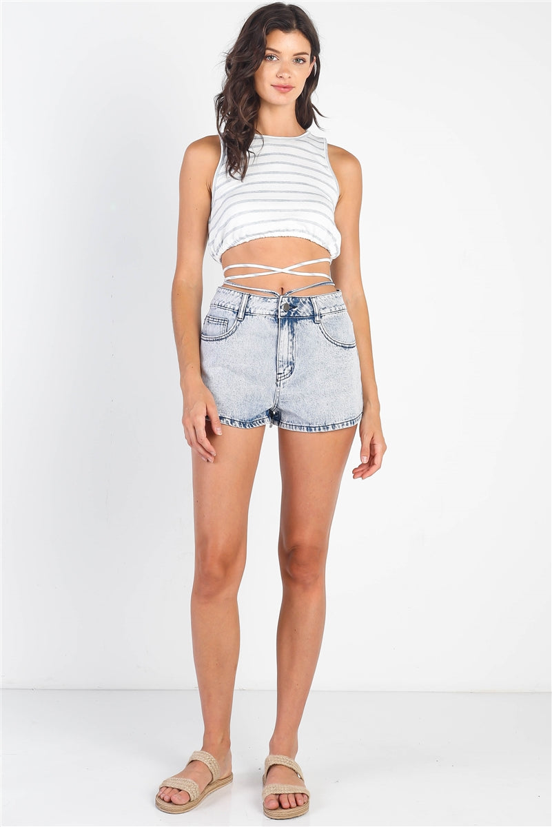 White Light Blue Striped Self-tie Detail Sleeveless Crop Top