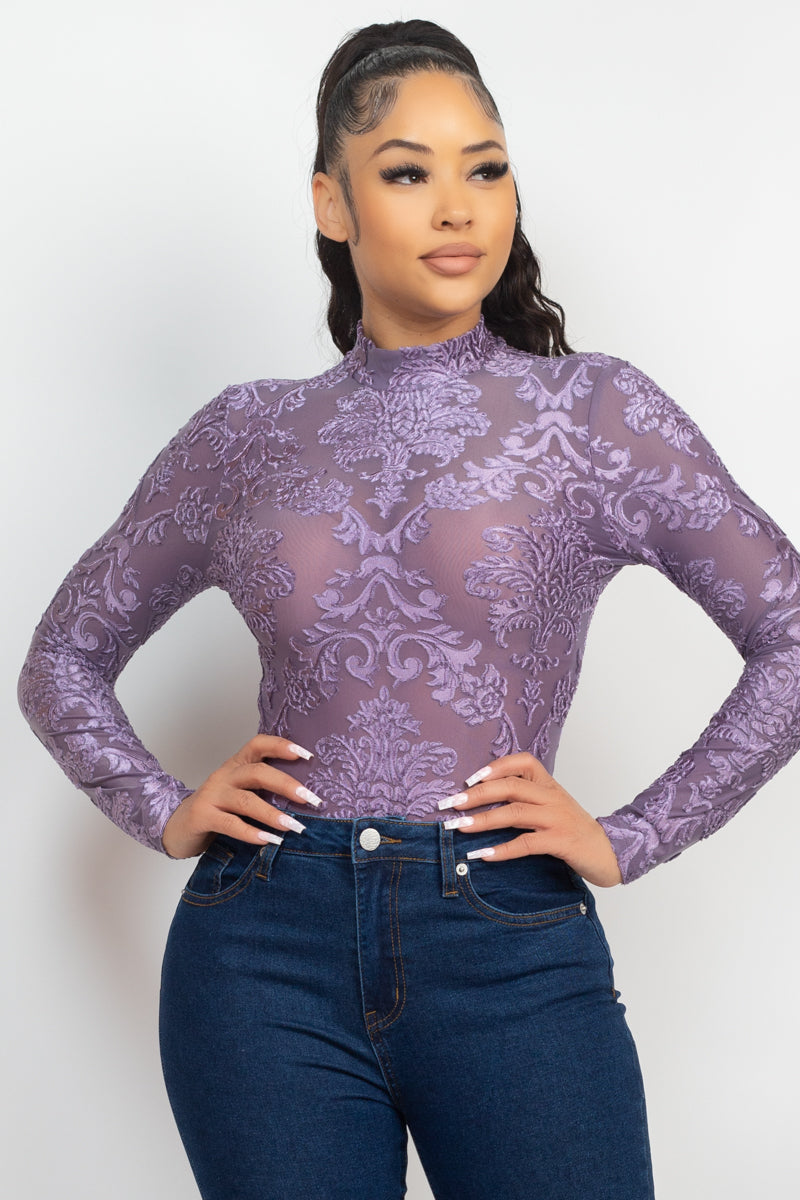 Embroidered Mock Neck Keyhole Bodysuit