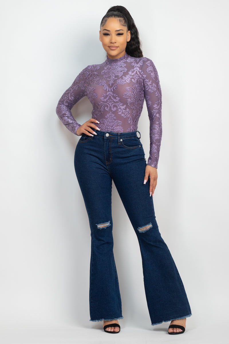 Embroidered Mock Neck Keyhole Bodysuit