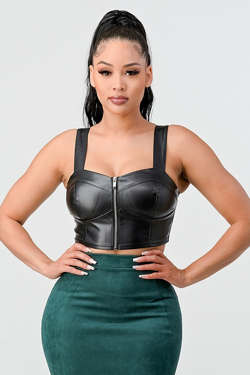 Lux Faux Leather Pu Zipup Strap Sleeveless Cropped Top