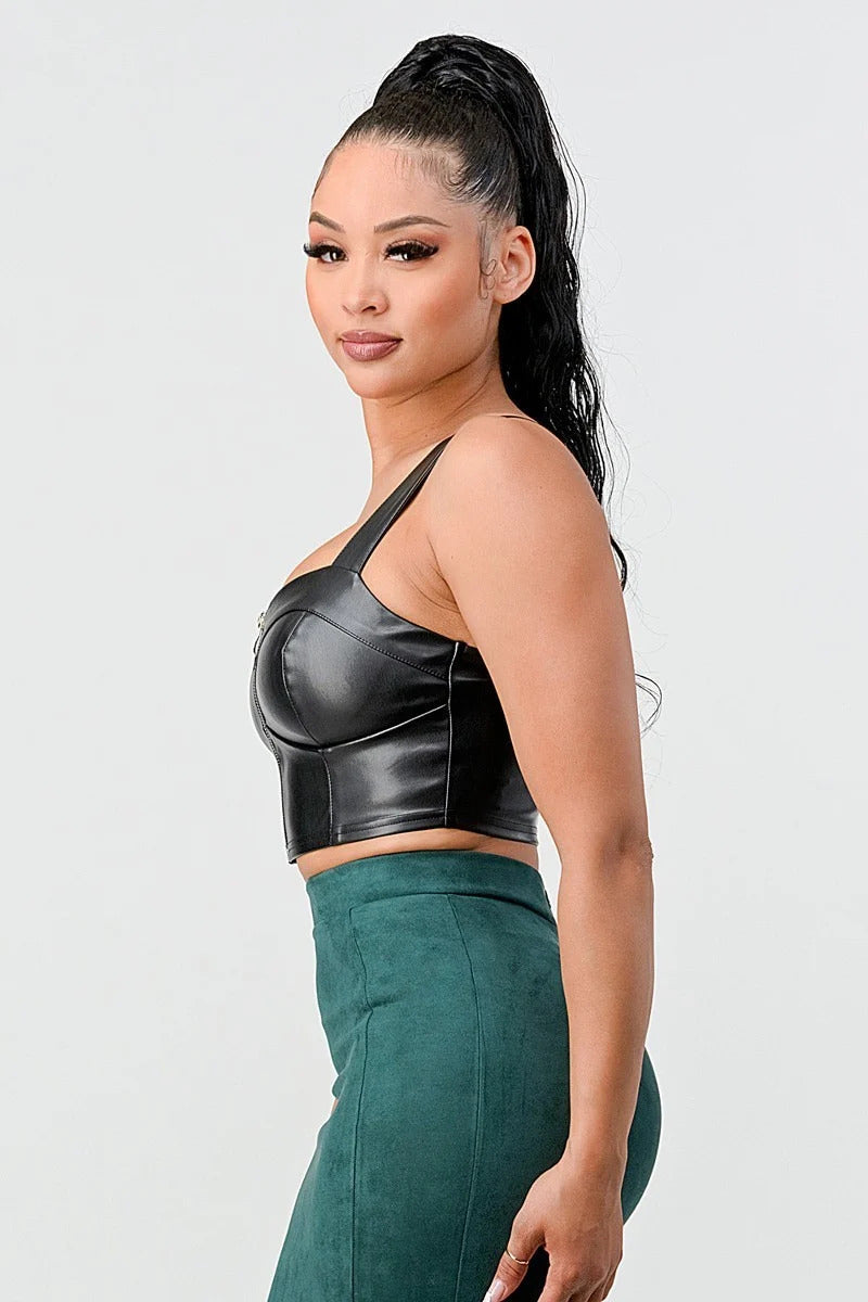 Lux Faux Leather Pu Zipup Strap Sleeveless Cropped Top